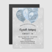 Sweet 16 zilverblauwe glitterballonnen luxe magnetische uitnodiging (Voorkant / Achterkant)