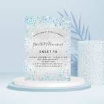 Sweet 16 zilverblauwe glitterluxe kaart<br><div class="desc">Voor een elegant Sweet 16,  16e verjaardag. Een faux zilveren metalen achtergrond. Verkleurd met blauw faux glitter stof. Geef een persoonlijke naam,  leeftijd en partijgegevens op en voeg deze toe. De naam wordt geschreven met een handgeschreven stijlmanuscript</div>