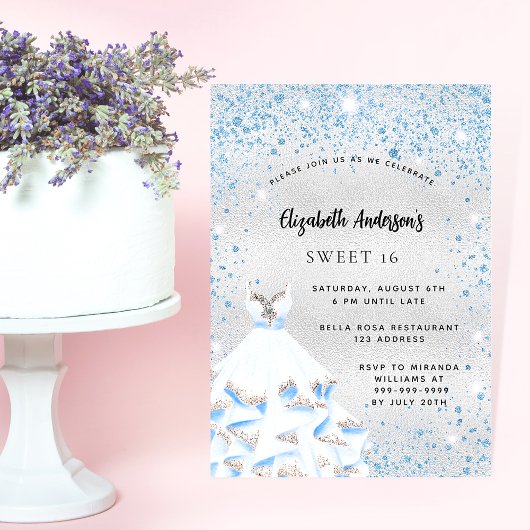 Sweet 16 zilverblauwe sparkles feestluxe kaart