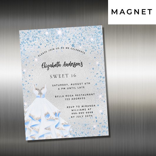 Sweet 16 zilverblauwe sparkles feestluxe magnetische uitnodiging