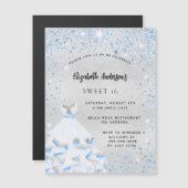 Sweet 16 zilverblauwe sparkles feestluxe magnetische uitnodiging (Voorkant / Achterkant)