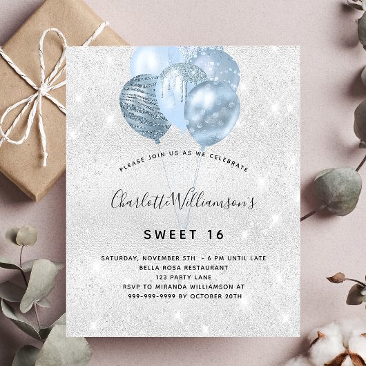 Sweet 16 zilveren blauwe glitters budget uitnodigi flyer