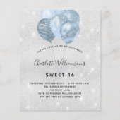 Sweet 16 zilveren blauwe glitters budget uitnodigi flyer (Voorkant)