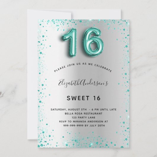 Sweet 16 zilveren blauwgroen glitter elegant glamo kaart (Voorkant)