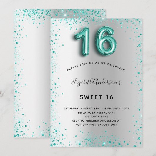 Sweet 16 zilveren blauwgroen glitter elegant glamo kaart (Voorkant / Achterkant)