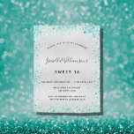 Sweet 16 zilveren blauwgroen glitter glamoureus-ui briefkaart<br><div class="desc">Voor een elegant Sweet 16, 16e verjaardag. Een faux zilveren metalen achtergrond. Gedemoreerd met blauwgroen faux glitter stof. Geef een persoonlijke naam, leeftijd en partijgegevens op en voeg deze toe. De naam wordt geschreven met een handgeschreven stijlmanuscript met letters. Tip: als je niet wilt dat het eruit ziet als een...</div>
