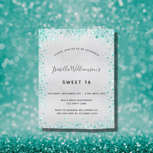 Sweet 16 zilveren blauwgroen glitter glamoureus-ui briefkaart