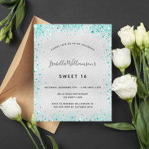 Sweet 16 zilveren blauwgroen glitteruitnodiging