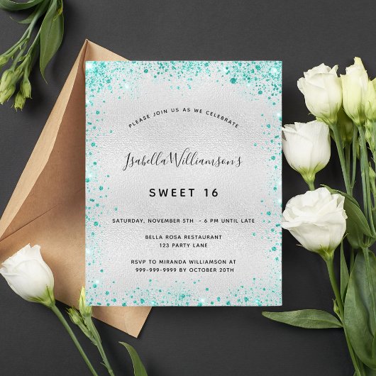 Sweet 16 zilveren blauwgroen glitteruitnodiging
