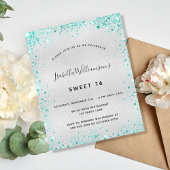 Sweet 16 zilveren blauwgroen glitteruitnodiging