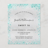 Sweet 16 zilveren blauwgroen glitteruitnodiging (Voorkant)