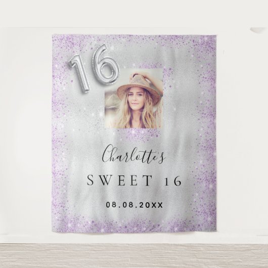 Sweet 16 zilveren foto lavendel glitters welkom  wandkleed (Voorkant)