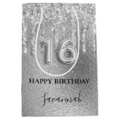 Sweet 16 zilveren glitter druppels monogram 16e medium cadeauzakje (Voorkant)