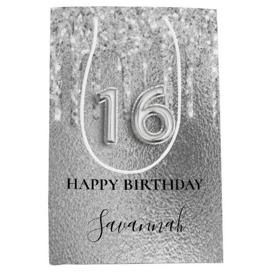 Sweet 16 zilveren glitter druppels monogram 16e medium cadeauzakje (Voorkant)