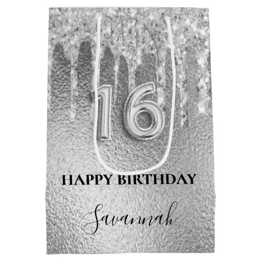 Sweet 16 zilveren glitter druppels monogram 16e medium cadeauzakje (Achterkant)