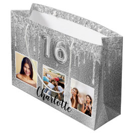 Sweet 16 zilveren glitter druppelt foto-monogram 1 groot cadeauzakje