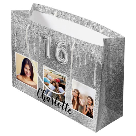 Sweet 16 zilveren glitter druppelt foto-monogram 1 groot cadeauzakje (Achterkant Gekanteld)
