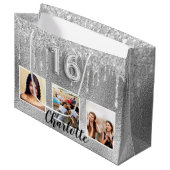 Sweet 16 zilveren glitter druppelt foto-monogram 1 groot cadeauzakje (Voorkant Gekanteld)