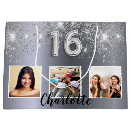 Sweet 16 zilveren glitter foto groot cadeauzakje