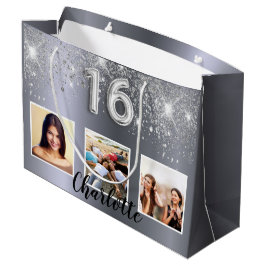 Sweet 16 zilveren glitter foto groot cadeauzakje