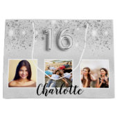 Sweet 16 zilveren glitter foto naam chic groot cadeauzakje (Voorkant)