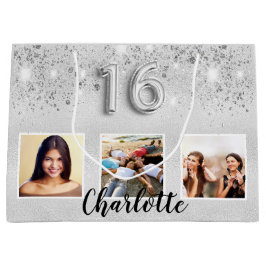 Sweet 16 zilveren glitter foto naam chic groot cadeauzakje