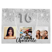 Sweet 16 zilveren glitter foto naam chic groot cadeauzakje (Achterkant)