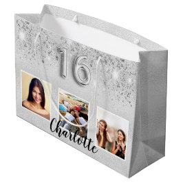 Sweet 16 zilveren glitter foto naam chic groot cadeauzakje