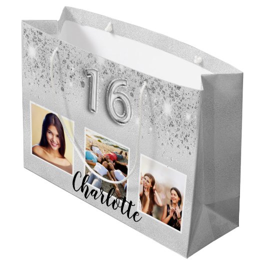 Sweet 16 zilveren glitter foto naam chic groot cadeauzakje (Achterkant Gekanteld)