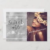 SWEET 16 Zilveren Glitter Party Fotouitnodiging Kaart (Voorkant)