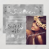SWEET 16 Zilveren Glitter Party Fotouitnodiging Kaart (Voorkant / Achterkant)