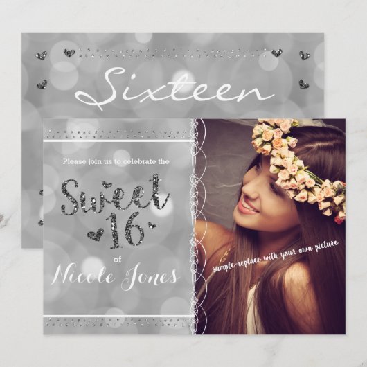 SWEET 16 Zilveren Glitter Party Fotouitnodiging Kaart (Voorkant / Achterkant)