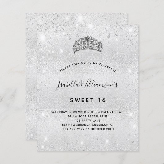 Sweet 16 zilveren glitter tiara uitnodiging (Voorkant / Achterkant)