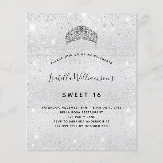 Sweet 16 zilveren glitter tiara uitnodiging (Voorkant)