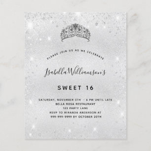 Sweet 16 zilveren glitter tiara uitnodiging