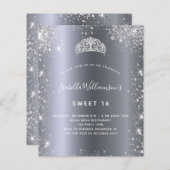 Sweet 16 zilveren glitter tiara uitnodiging (Voorkant / Achterkant)