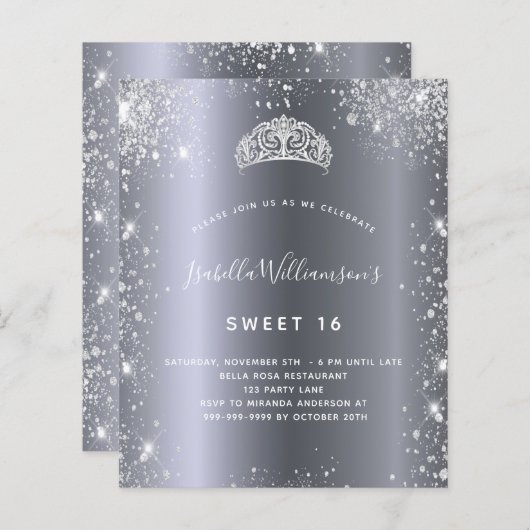 Sweet 16 zilveren glitter tiara uitnodiging (Voorkant / Achterkant)