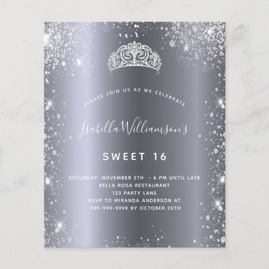 Sweet 16 zilveren glitter tiara uitnodiging (Voorkant)