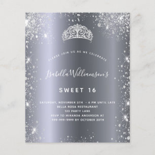 Sweet 16 zilveren glitter tiara uitnodiging