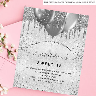 Sweet 16 zilveren glitter verjaardag uitnodiging briefkaart