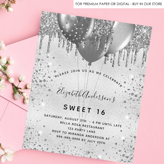 Sweet 16 zilveren glitter verjaardag uitnodiging briefkaart