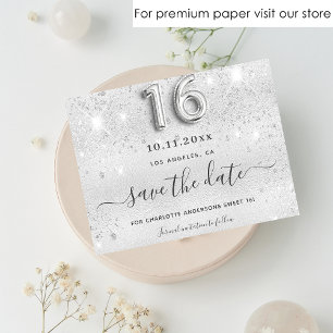 Sweet 16 zilveren glitter vonken save the date flyer