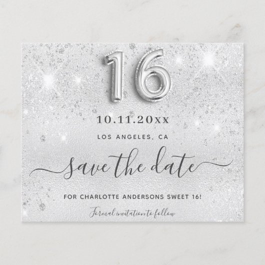 Sweet 16 zilveren glitters metaal save the date (Voorkant)