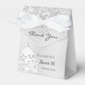 Sweet 16 zilveren glitterstofjurk bedankt bedankdoosjes (Voorkant Zijde)