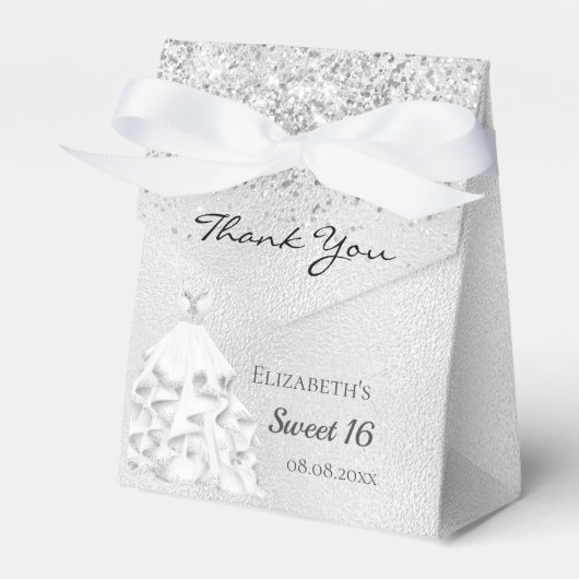 Sweet 16 zilveren glitterstofjurk bedankt bedankdoosjes (Voorkant Zijde)
