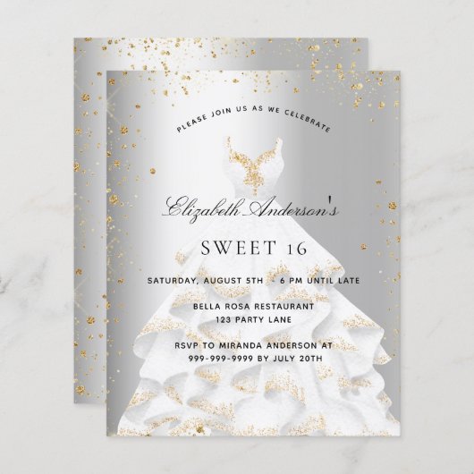Sweet 16 zilveren gouden jurk uitnodiging (Voorkant / Achterkant)