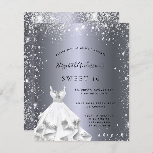 Sweet 16 zilveren jurk glitter uitnodiging (Voorkant / Achterkant)