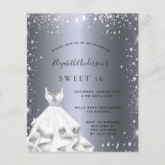 Sweet 16 zilveren jurk glitter uitnodiging (Voorkant)