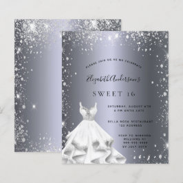 Sweet 16 zilveren jurk glitter uitnodiging