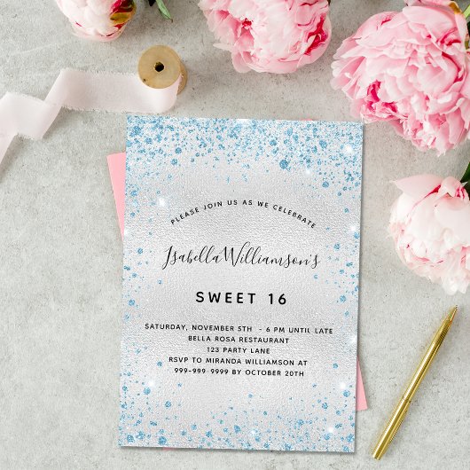 Sweet 16 zilveren lichtblauwe glitter kaart
